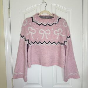 Pink Bow Pattern Sweater Soft Cozy Bell Sleeve